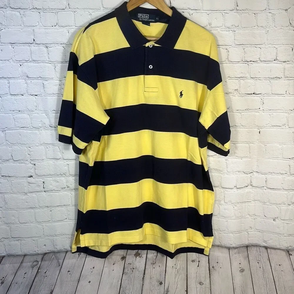 Vintage Polo Ralph Lauren‎ Polo Shirt XL Striped Blue Yellow 100% Cotton